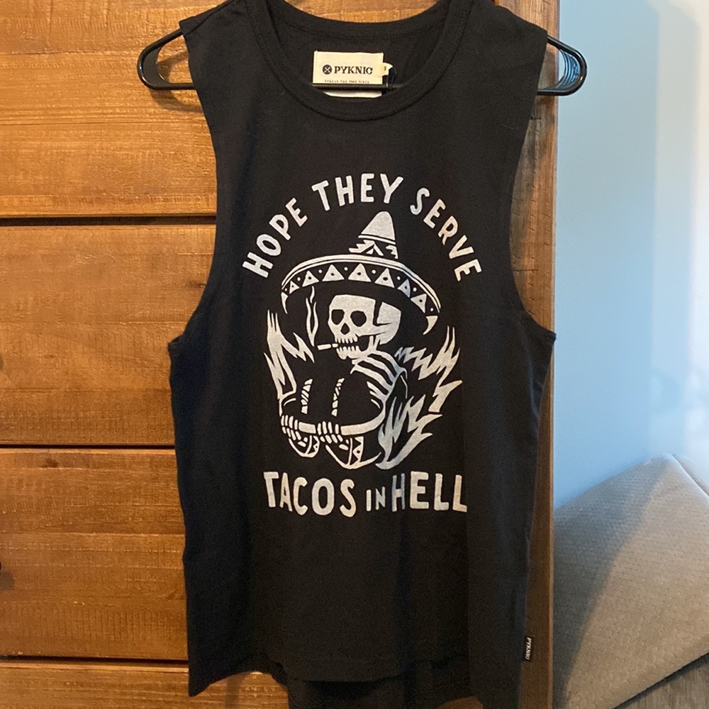 Pyknik I hope they serve Tacos in Hell Women’s Muscle Tank size M NWT